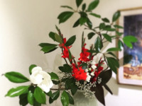 5.Beatrice Marbach, Tosiko Kodama, Escuela Ohara. Naturaleza en movimiento, ramas de magnolio, hojas achira, flores gladiolos, lisiathus enanos, stratice